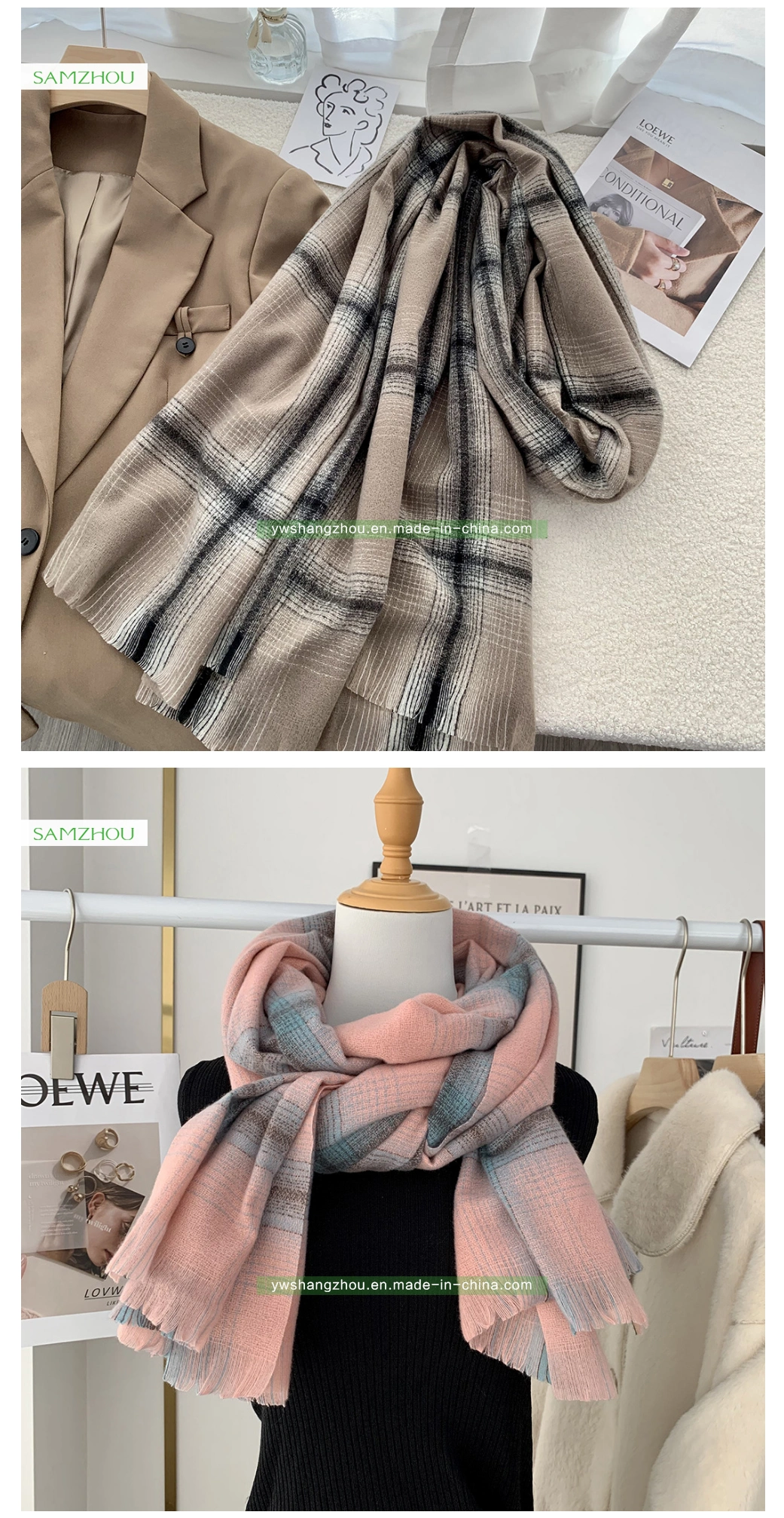 Soft Plaid Scarf Fashion Lady Cashmere Long Shawl with Tassel Winter